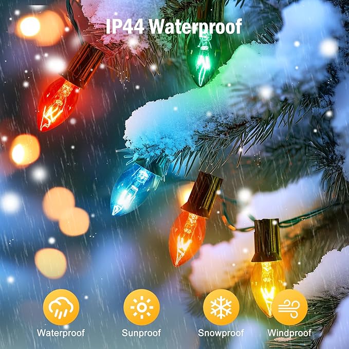 C7 Multicolor Christmas String Light Set, 25ft Vintage Christmas Tree Lights, Outdoor Roofline String Lights with 25 Bulbs for Patio Garden Holiday Indoor Wedding Home Decorating, Green Wire