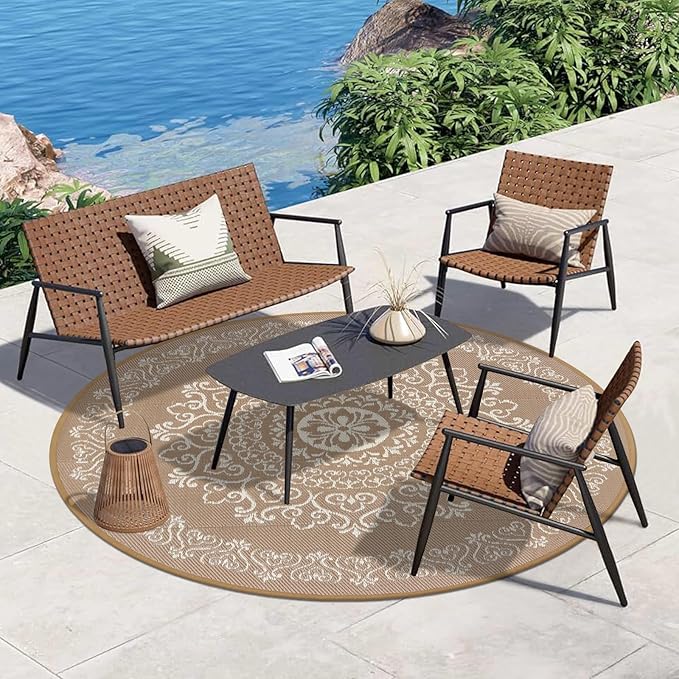 Pauwer Waterproof Outdoor Rug 6ft, Reversible Plastic Straw Patio Camping Rug, Indoor Outdoor RV Mat Carpet for Deck, Camper, Porch, Balcony, Backyard, Picnic, Floral Brown