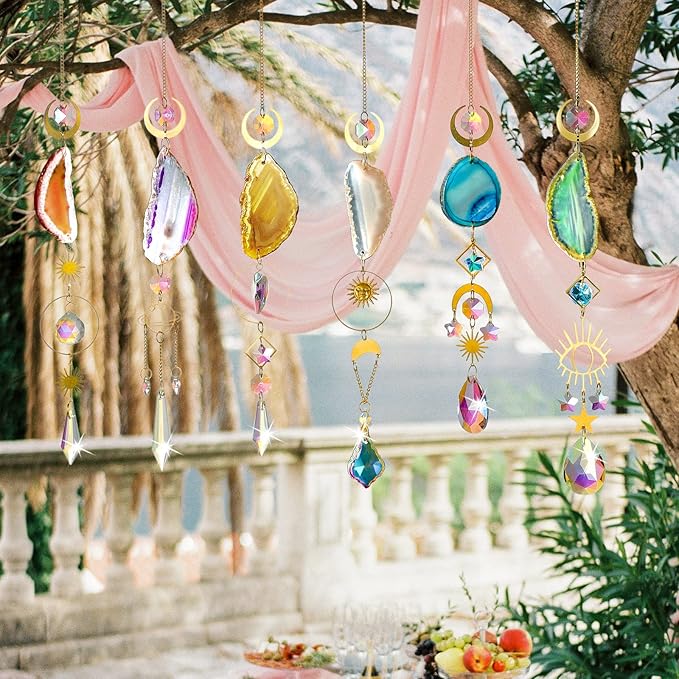 Maitys 6 Pcs 6 Pcs Crystal Suncatcher Sun Catchers Indoor Window Hanging Sun Catchers with Light Catcher with Prisms and Agate Slices for Indoor Outdoor Home Garden Wedding Decor (Colorful Crystal)
