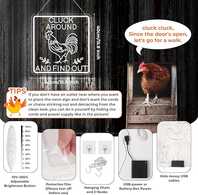 Funny Rooster Decor 16 X 16 Inch Large,Rooster Kitchen Decor Kitchen Sign Dimmable Neon Sign for Farmhouse,Rooster Gifts,Chicken Coop,Garden,Farm House Decoration