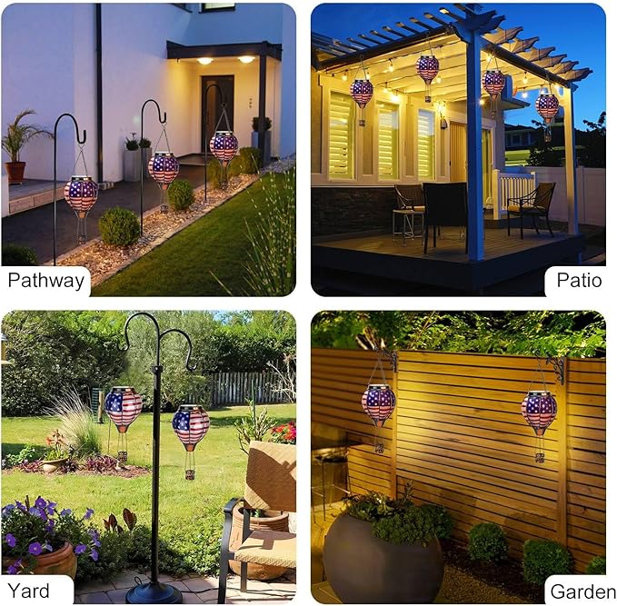 pearlstar Hot Air Balloon Solar Lantern with Flickering Flame Light Outdoor 4th of July Decorations Solar Hanging Lights Waterproof for Garden Yard Patio Outside Independence Day Decoration, Flag