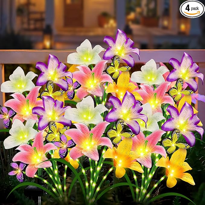 Solar Garden Lights 4 Pack 16 Lily Flowers with Butterfly Decor, Waterproof Solar Flower Lights for Outdoor - Upgraded Decorative Lilies for Yard, Patio, Pathway Decorations & Gardening Gifts