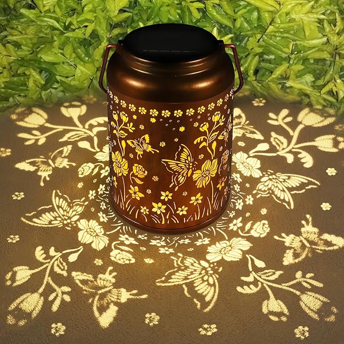 Solar Lantern Outdoor Hanging Lights Christmas Birthday Gifts for Women Mom and Grandma Butterfly Flower Metal Garden Decor Outside Waterproof LED Solar Lanterns for Patio, Yard, Pathway,Landscape