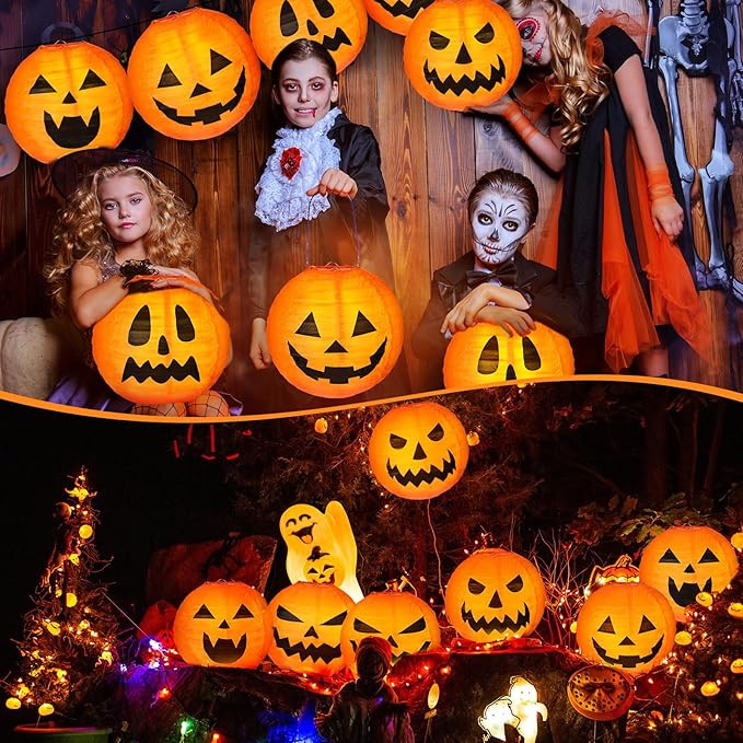 Retisee 20 Pcs 8 Inch Halloween Pumpkin Paper Lantern Halloween Jack O Lantern Paper Lantern Orange Pumpkin Lantern for Halloween Party Halloween Pumpkin Hanging Paper Lantern for Indoor Outdoor Decor