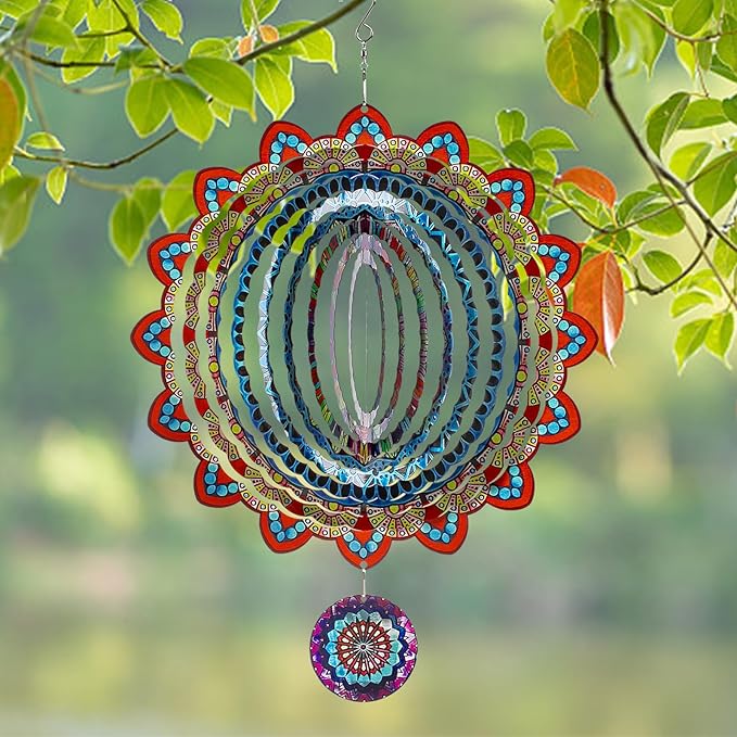 TUOKING Mandala Wind Spinners Outdoor Metal 3D Hanging Art Wind Spinner 12 Inch Stainless Steel for Yard and Garden Decoration Worth Gift for Women