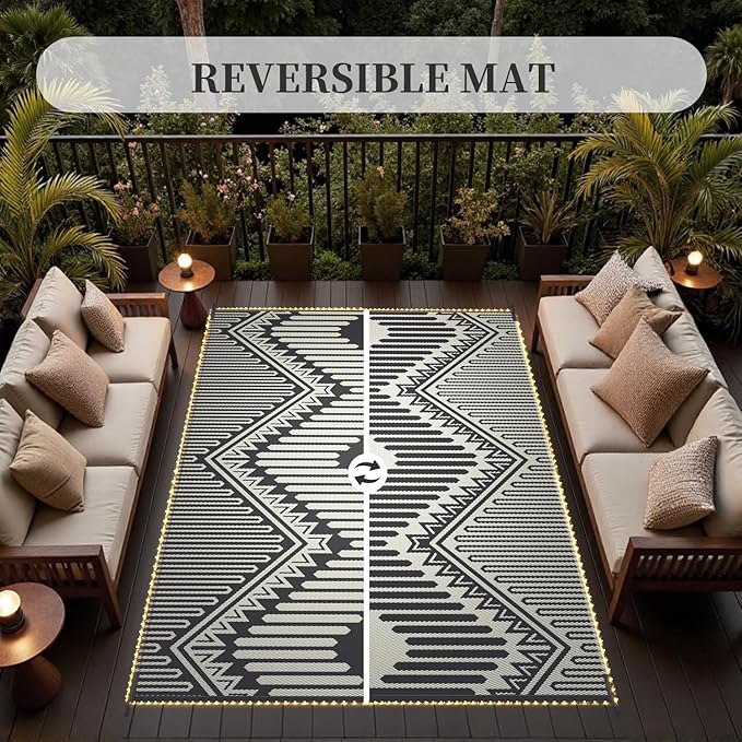 MontVoo Outdoor Rug with Led String Strip Lights 6x9 ft Waterproof Outdoor Patio Rug Mat Reversible Plastic Straw Rug Outside Outdoor Rug for RV Camping Picnic Balcony Fairy Boho Outdoor Decor