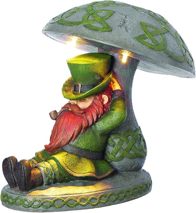 Roman Garden - LED Leprechaun Sleeping Under Mushroom Garden Statue, 10" H, Irish Collection, Resin and Stone, Decorative, Garden Gift, Home Outdoor Decor, Durable, Long Lasting