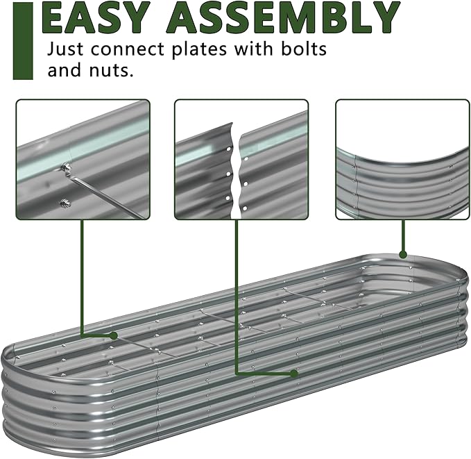 12x2x1.3 Oval Galvanized Raised Garden Bed,Outdoor Planter Box Metal Patio Kit Planting Bed for Vegetables Flowers and Succulents