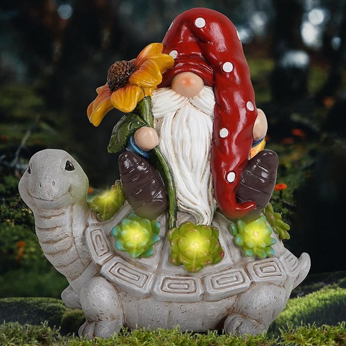 Hodao Patio Garden Theme Solar Gnome & Turtle Sculpture Statue - Lawn, Deck, Balcony, Patio Spring/Summer Decorations - Creative Housewarming Gifts