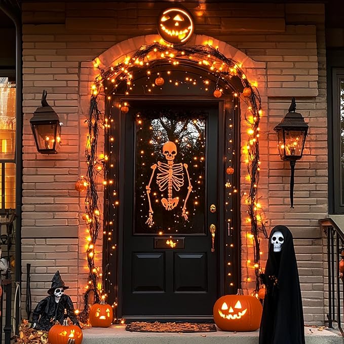 JMEXSUSS 2 Pack Orange Solar Halloween Lights, 66ft 200 LED Solar Fairy Lights Outdoor, Waterproof Solar String Lights for Tree Patio Garden Halloween Thanksgiving Decorations