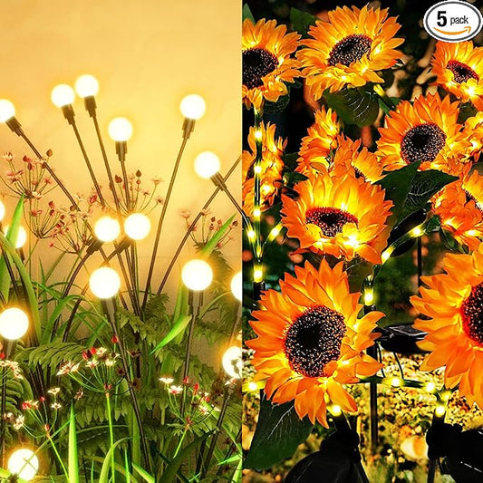 Flumy 2 Pack Solar Firefly Lights + 3 Pack Sunflowers Lights for Yard, Patio, Pathway, Lawn, Walkway, Camping, Pool