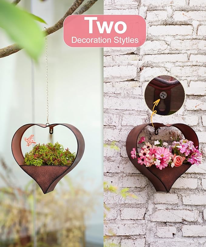 Metal Plant Hangers Indoor and Outdoor: Rustic Heart Shape Hanging Planters Perfect for Window Wall Decor for Living Room Office - Unique Gifts for Mom Women Grandma