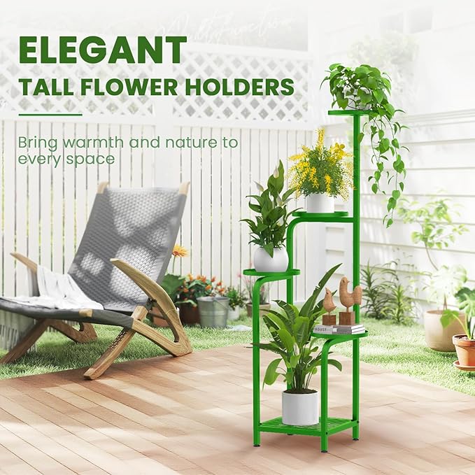 TOSKING 5 Tier Tall Plant Stand Indoor Outdoor, Heavy Duty Corner Shelf for Plants & Decor, Space Saving 3.9FT Metal Flower Pot Stand for Balcony, Garden, Living Room, Patio (Green)