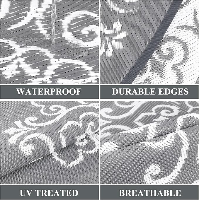 Pauwer Waterproof Outdoor Rug 8ft, Reversible Plastic Straw Patio Camping Rug, Indoor Outdoor RV Mat Carpet for Deck, Camper, Porch, Balcony, Backyard, Picnic, Floral Grey