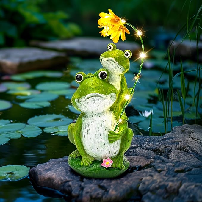 GIGALUMI Solar Garden Decor Flower Umbrella Frog Statues Outdoor, Birthday Gifts for Women, Gifts for Mom Grandma Senior Elder, Elephant Ornament for Balcony, Garden, Patio, Yard, Lawn