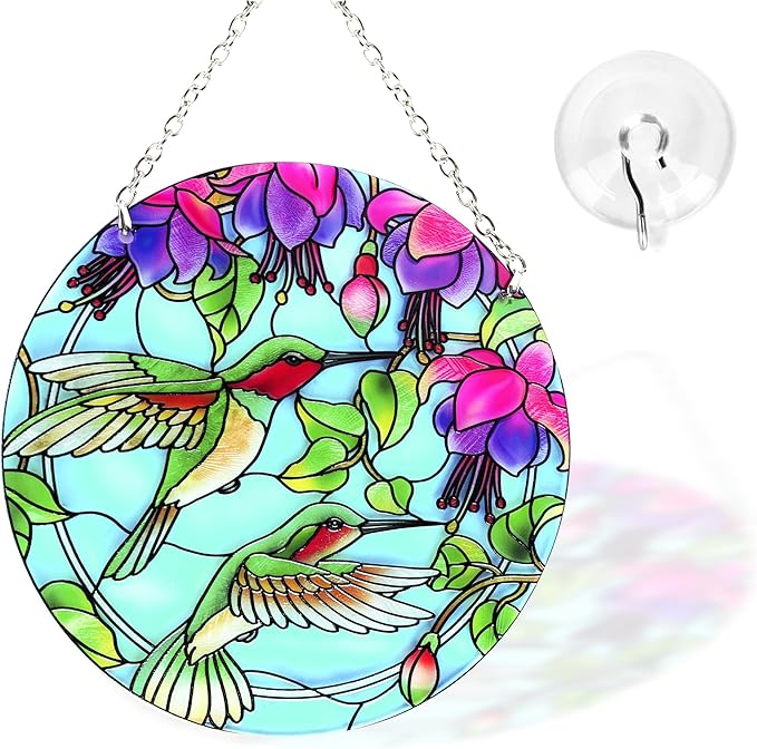 Hummingbird Suncatcher Stained Glass - Hummingbird Gifts for Women, Birds Suncatchers for Windows - Birds Window Hangings with Chain and Hook, 6 inch Stained Glass Suncatcher for Mom
