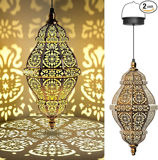 Twinkya 2 Pack Hanging Solar Lights Outdoor Garden Decor, Waterproof Plastic Moroccan Solar Powered Lantern Lamp, Outside Decorations for Patio Yard Porch Backyard Decor, Gardening Gifts for Women Mom