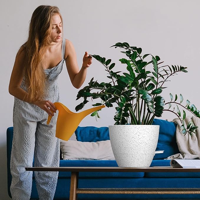 WOUSIWER 10 inch Self Watering Planters, 2 Pack Large Plastic Plant Pots with Deep Reservior and High Drainage Holes for Indoor Outdoor Plants and Flowers, Speckled White