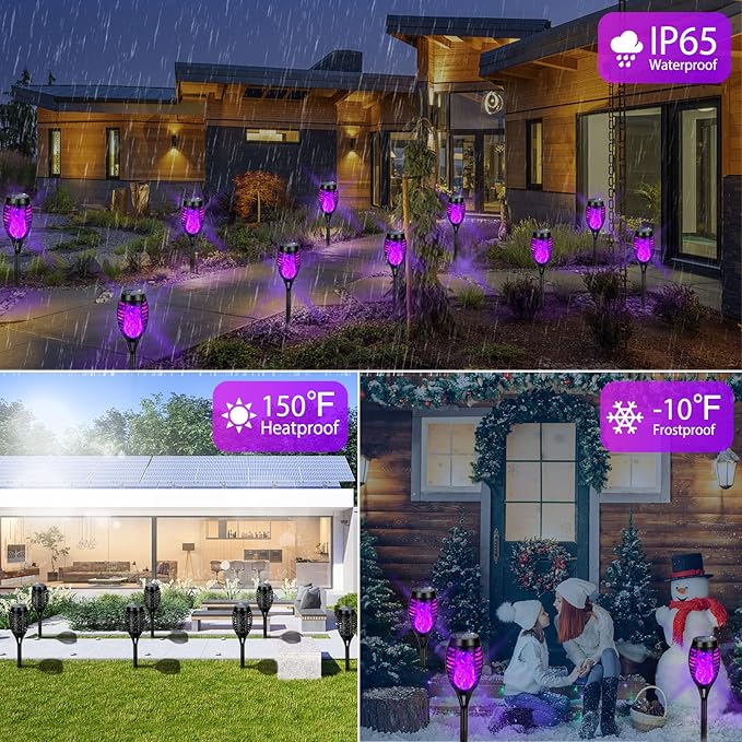 Solar Lights Outdoor Waterproof Purple, Upgraded 6 Pack Solar Tiki Torches with Flickering Flame for Garden Decor, Solar Outdoor Landscape Lights for Porch Yard Pathway Halloween Decorations