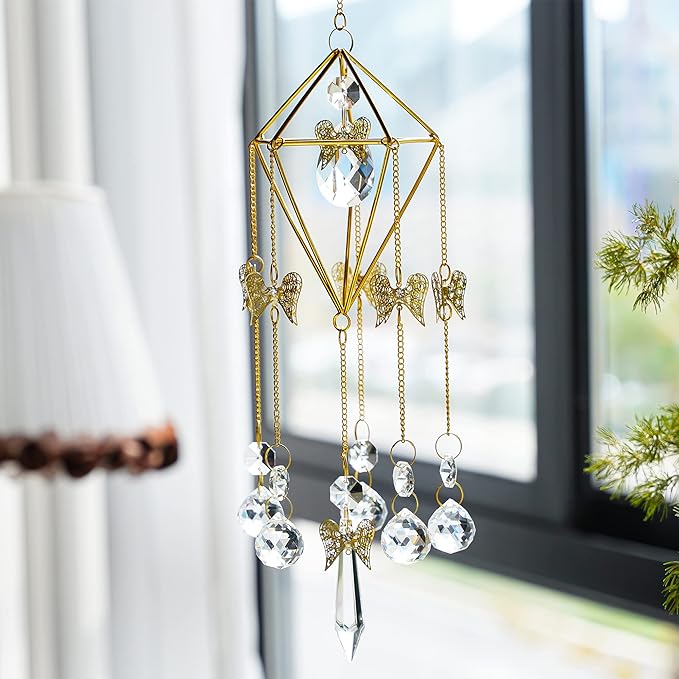 Sun Catchers with Crystals Indoor Window, Handmade Gold Plated Angel Suncatcher, Wind Chime Rainbow Maker Pendant