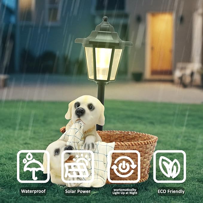 Solar Garden Outdoor Decor Statues Labrador Puppies Playing in Basket with Light,Outside-Outdoor Decorations Sculptures for Patio Yard Lawn Walkway Ornaments Clearance Gifts for Mom Grandma Birthday