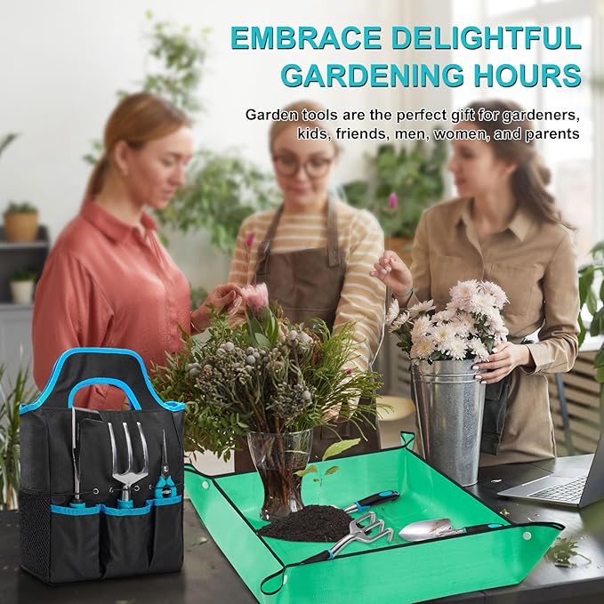 Garden Tool Set with Non Slip Rubber Grip,11 Piece Stainless Steel Gardening Tool Sets,Thickened Repotting Mat & Storage Tote Bag,Heavy Duty Outdoor Hand Tools Uprooting Weeding Tool, Ideal Gifts Blue