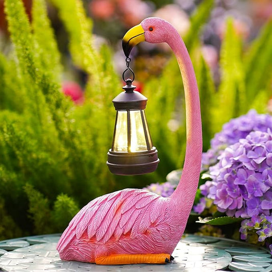 Solar Flamingo Statues for Garden Decor: Outdoor Figurines Sculpture with Lantern for Lawn Patio Yard Balcony - Gifts for Mom Grandma