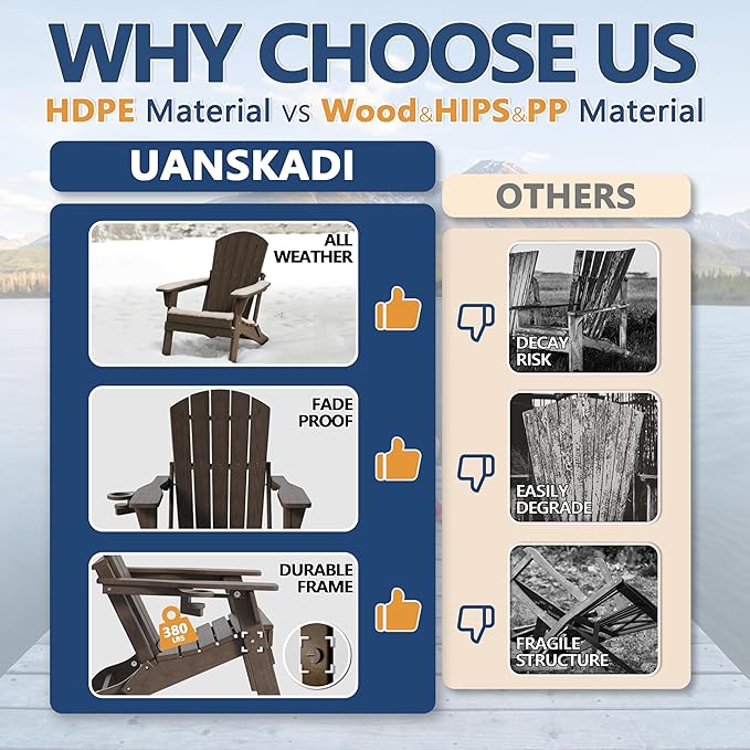 Folding Adirondack Chair with Cup Holder, HDPE All Weather Resistant Plastic Outdoor Patio Chairs, Heavy Duty Fire Pit Seating for Backyard Lawn Garden, Wooden Textured Design(Coffee)