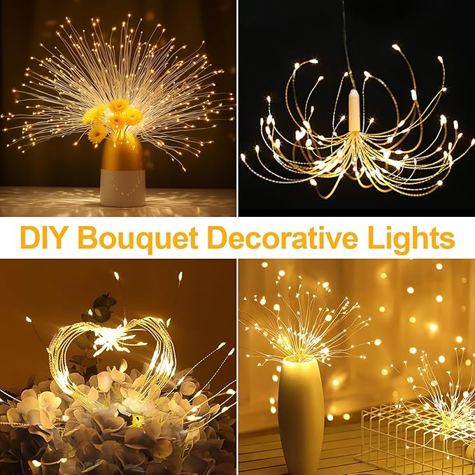 Firework Lights, 8 Pack LED Copper Wire Fireworks Lights Fairy Lights Christmas Fireworks Hanging Dimmable String 8 Modes Waterproof with Remote Control for Christmas Wedding Garden