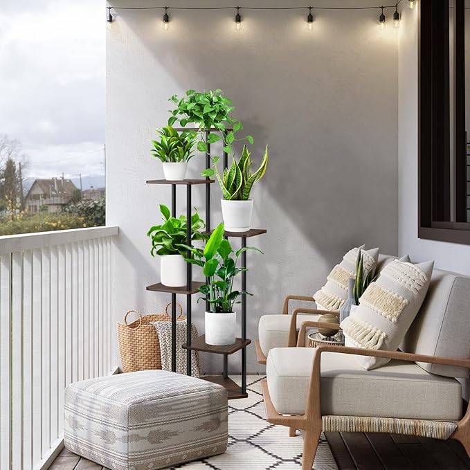 6 Tier Wood Tall Plant Stand Metal Rack Indoor, Multiple Flower Pot Holder Shelves Corner Rack, Planter Shelf Display Rack Storage Organizer for Patio Living Room Balcony Garden(Black Oak)