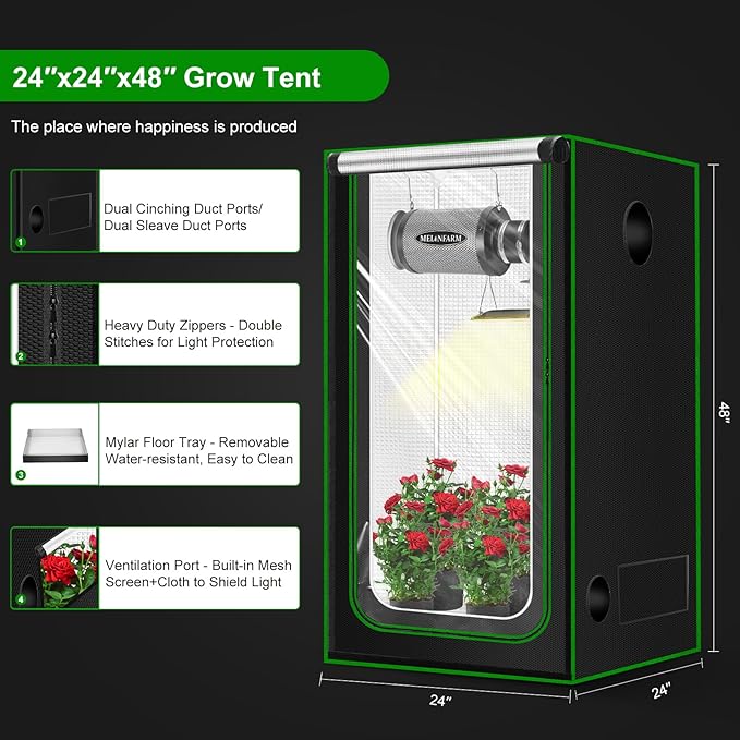MELONFARM 2x2 Grow Tent, 24"x24"x48" Grow Tent, Double Transparent Viewing Door Indoor Grow Tent, Growing Tent with High Reflective Mylar & Floor Tray, Plant Tent for Indoor Hydroponics Growing