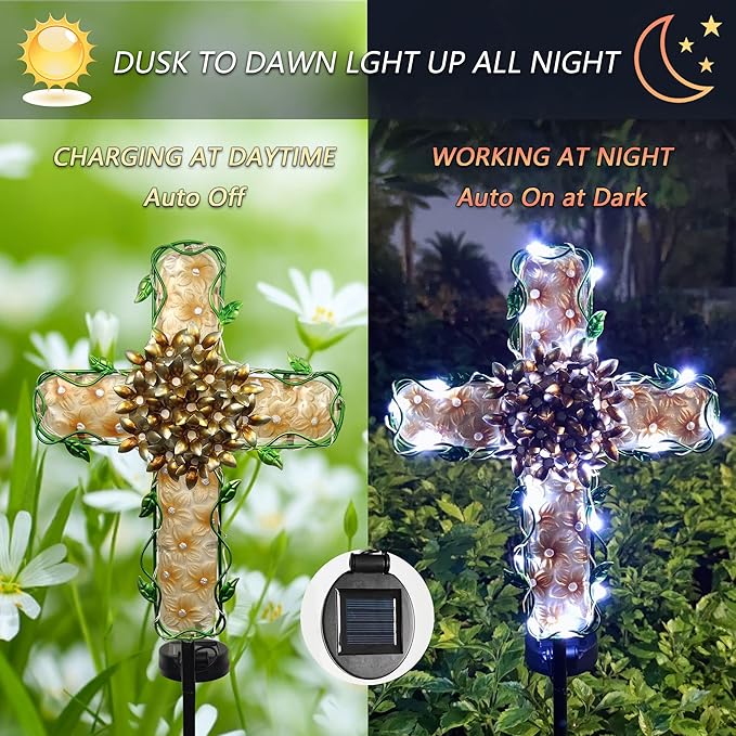 38inch Solar Cross Garden Lights Outdoor Decorative - Solar Metal&Glass Cross Apricot Hydrangea Flower Stake Lights- Waterproof 20 White LED for Remembrance Gifts & Sympathy Gifts