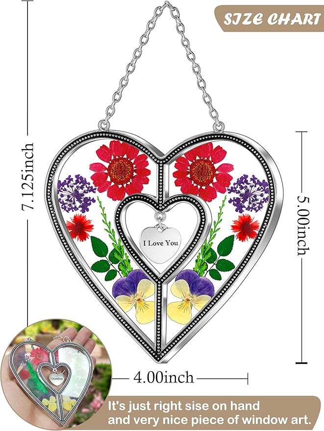 KY&BOSAM Heart Suncatchers I Love You Stained Glass Hangings for Windows Suncatcher Birthday Gifts for Women Mothers Valentine`s Day Real Flower Glass & Metal Maker for Christmas Party Home Decor