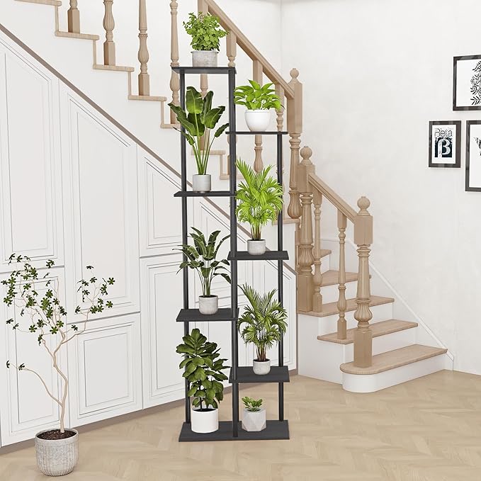 Plant Stand Indoor 7 Tier 8 Potted Metal Wood Plant Shelf, Multiple Flower Pots Corner Tall Plant Holder Stands for Living Room Balcony Bedroom, Black