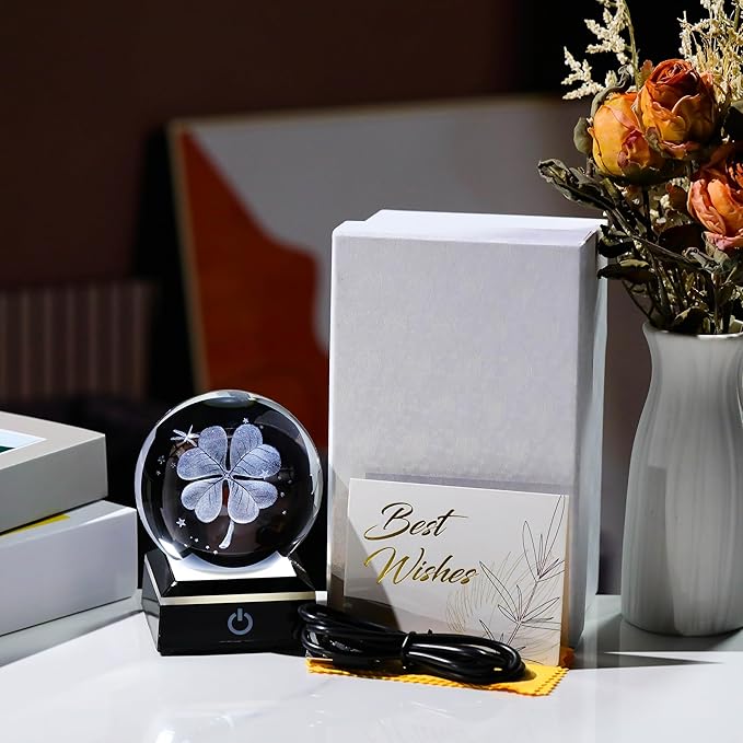 Qianwei 3D Four Leaf Clover 80mm Crystal Ball Good Luck Gifts Ideas with Multicolor Lighting Base - Irish Gifts for Women Decor 4 Leaf Clover