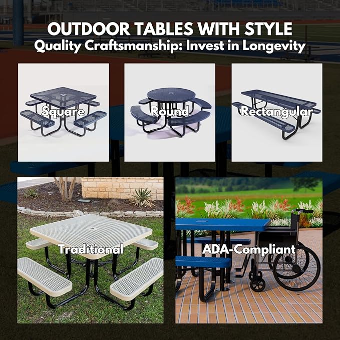 Heavy-Duty Portable Outdoor Picnic Table with Umbrella Hole, Expanded Metal Commercial-Grade Patio Furniture Made in America (46" Round Top, Light Blue with Light Blue Frames)