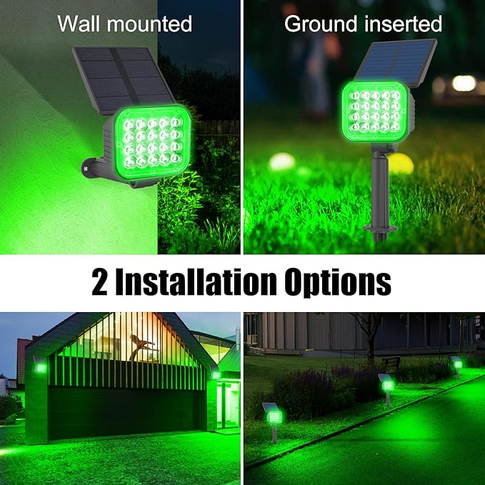 Green Solar Spot Lights Outdoor, St. Patrick's Day Decor Spotlight Waterproof IP65, Adjustable Panel Solar Landscape Spotlights for Tree Yard Halloween Christmas Decor 6 Pack