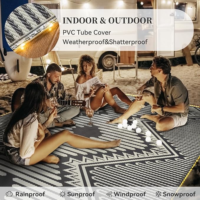 MontVoo Outdoor Rug with Led String Strip Lights 6x9 ft Waterproof Outdoor Patio Rug Mat Reversible Plastic Straw Rug Outside Outdoor Rug for RV Camping Picnic Balcony Fairy Boho Outdoor Decor