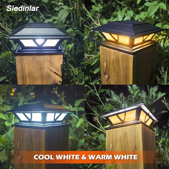 SIEDiNLAR Solar Post Lights Outdoor 2 Modes LED Deck Fence Cap Light for 4x4 5x5 6x6 Posts Patio Garden Decoration Warm White/Cool White Lighting Black (10 Pack)