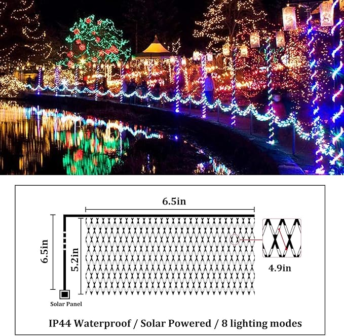 Christmas Net Lights, 204 LED Outdoor Mesh Lights Waterproof, Bush Solar Net Lights with 8-Lighting Modes for Tree Garden Yard Christmas Wedding Party Decoration(Multi-Colored)