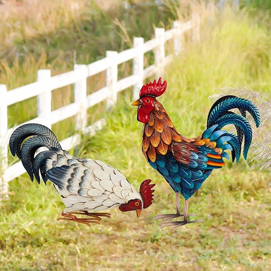 Shorayn Metal Rooster Statues, Outdoor Garden Statues, Metal Chicken Decor, Garden Sculptures & Statues, Chicken Ornaments Yard Art for Backyard Patio Lawn Decorations, Set of 2