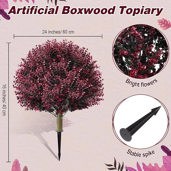 Yunlly 2 Pcs 18 Inch Artificial Boxwood Ball Topiary Tree Fake Outdoor Plants Bush, UV Resistance Faux Shrub with Spike Realistic Greenery Potted for Indoor Garden Yard Porch Patio Decor (Dark Purple)
