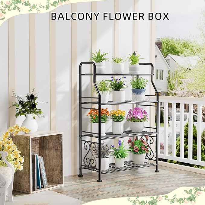 GIOTORENT Plant Stand Outdoor Indoor 4 Tier Metal Waterproof - 41.3" Plant Shelf for Patio, Balcony, Living Room, Large Capacity Tiered Plant Rack, Black