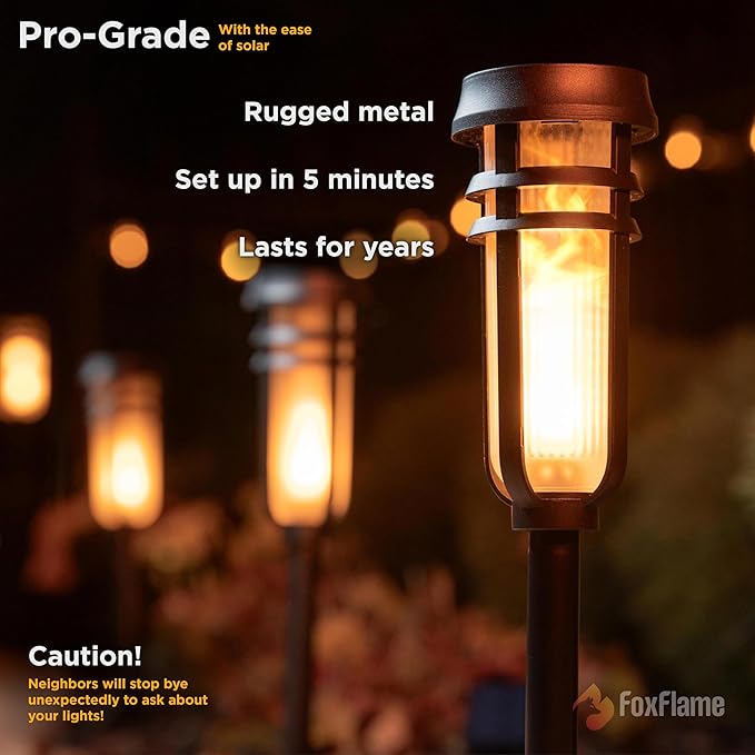 Metal Solar Torch - Adjustable Height (24" - 50"), Outdoor Lights with Flickering Flame, Waterproof Solar Powered Lights, Flame Torches for Patio, Pathway, Yard Decor, Matte Black (2-Pack)