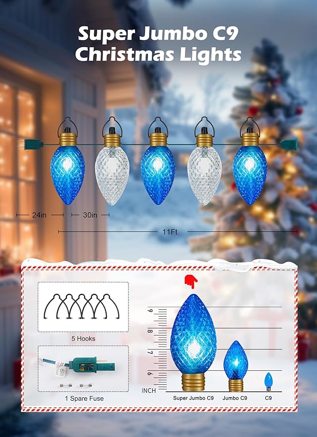 11Feet 5 LED Super Jumbo Christmas String Lights or Pathway Marker Lights, Outdoor Xmas Decorations- Jumbo C9 Hanging Lights Waterproof Lawn Dec for Holiday Home Tree Roof Yard Garden, Blue ＆ White