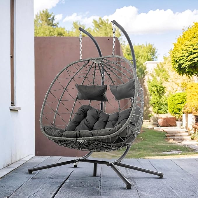 Double Egg Swing Chair with Stand, 2 Person Outdoor Indoor Hammock Hanging Chair with Cushion,Patio Wicker Hanging Egg Chair w/Cushion 700LBS Capacity for Bedroom, Balcony, Garden
