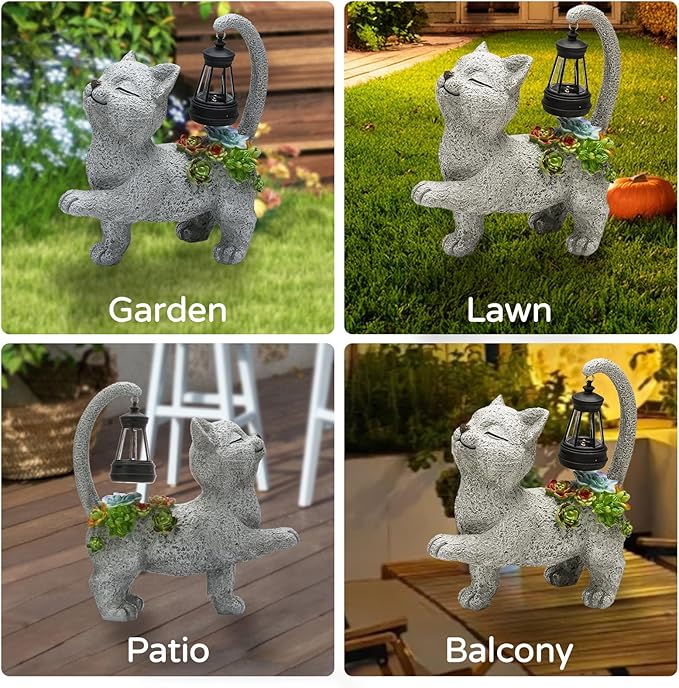 Solar Garden Outdoor Statues Cat with Succulent Solar Lantern, Lawn Decor Kitten Figurine for Patio Balcony Yard, Yard Unique Christmas Birthdays Gift for Mom Grandma
