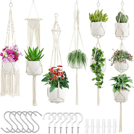 Macrame Plant Hangers, 6Pack Hanging Planters for Indoor Plants w/ 6 Set Hangers Kit Handmade Macromay Plant Hangers Indoor Flower Pots Holder Stand for Boho Home Décor (POTS NOT Included)