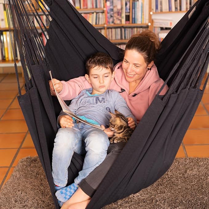 LA SIESTA - XL King Habana Cotton Hammock & Romano Steel Stand - Indoor Outdoor Hanging Chair Swing for Bedroom Porch Balcony - Boho Hanging Chair - Onyx