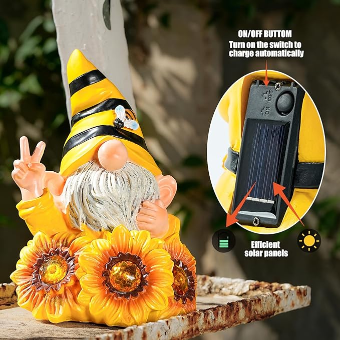 Garden Gnome Sculptures & Statues Resin Summer Bee Gnome with Sunflower, Outdoor Funny Gnome Decoration Solar Light Gnome Gifts for Yard, Patio Decor for Mom